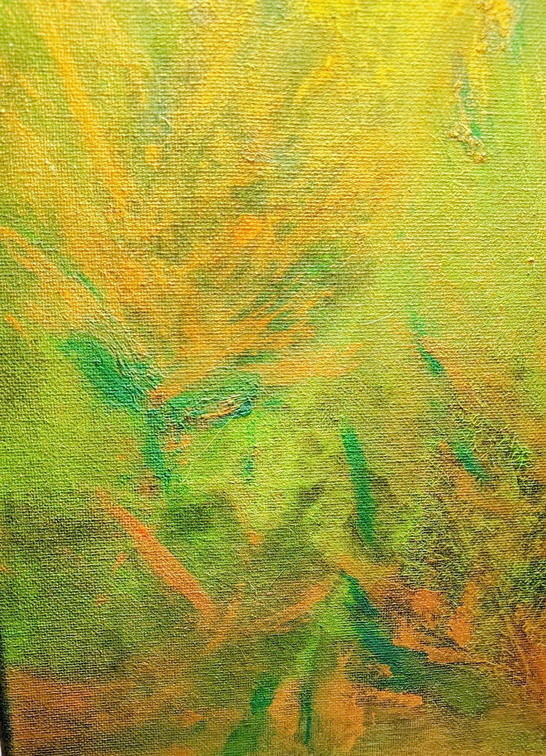The Forest — an original painting by Maria Hughes depicting the layered, surrounding feeling of chronic pain through dense greens, golds, and burnt oranges on textured canvas