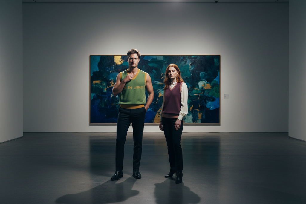 Duo museum editorial - man in green Save the Wildlife vest and woman in burgundy vest