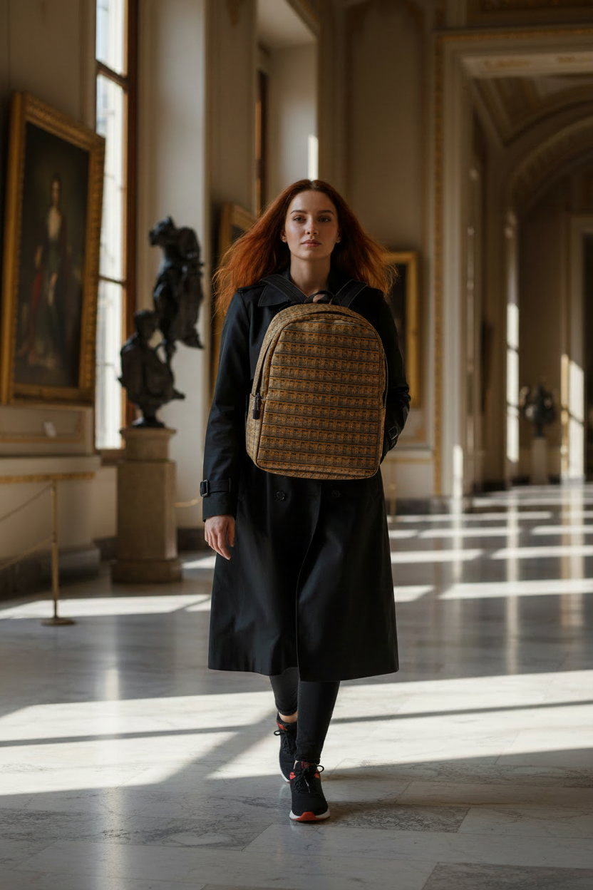 Editorial Museum Walking Shot - Masquerade Backpack Black Straps