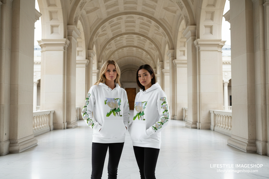 Two Female Models - White Rose Hoodie in Museum Breezeway